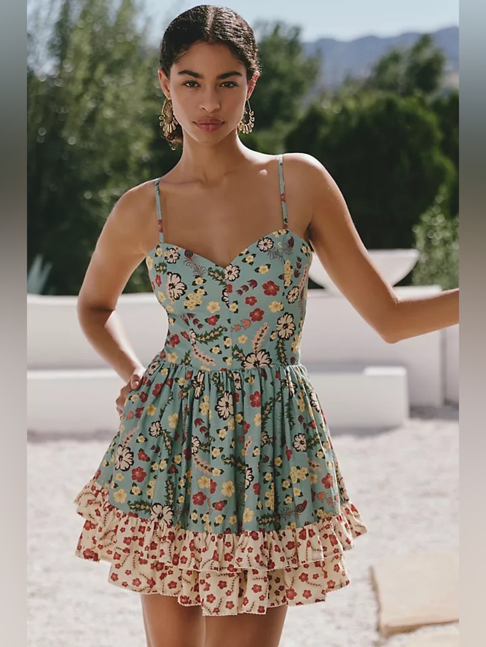 Agua Bendita Isadora Floral Mini Dress with Sweetheart Neckline - Blue Green